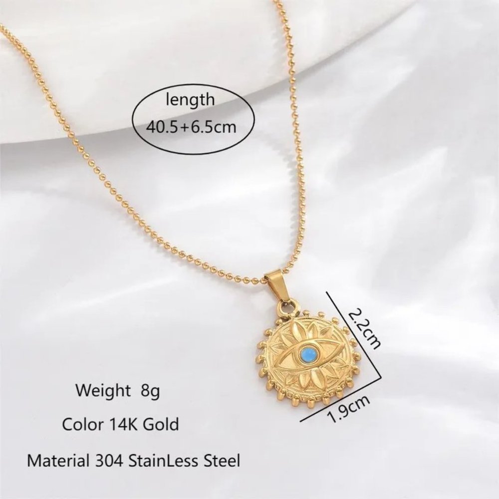 STAINLESS STEEL 14K GOLD PLATED CLASSIC UNIVERSAL EYE TURQUOISE PENDANT NECKLACE